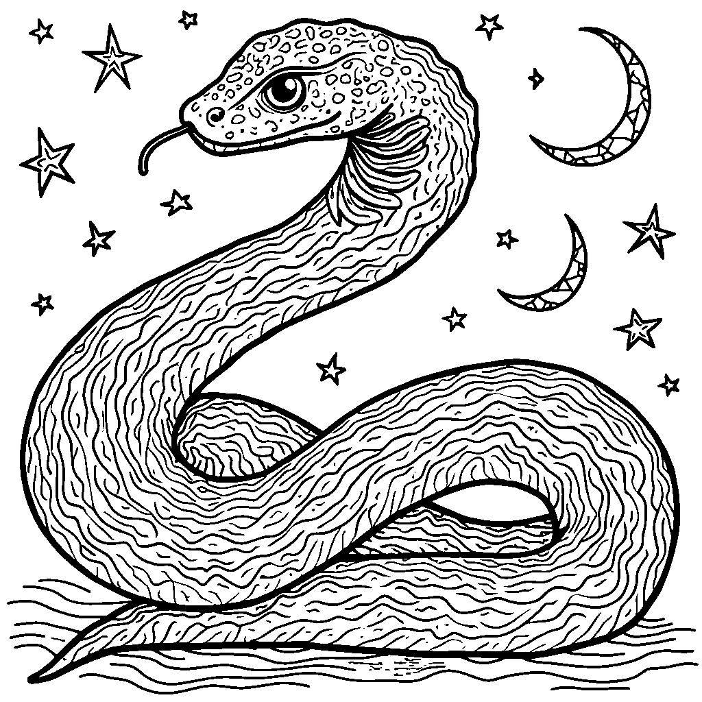 A snake in a variegated pattern, featuring stars and moons.