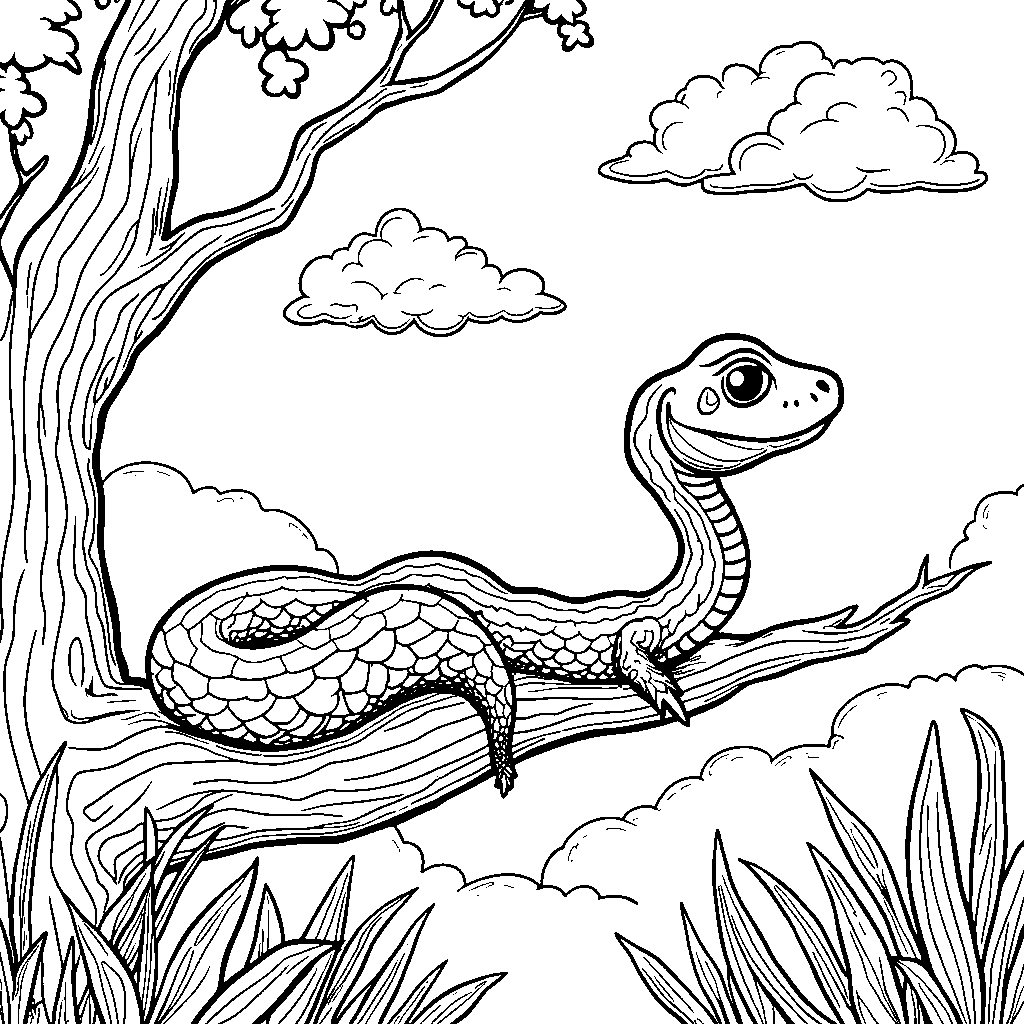 A snake lounging on a branch, staring up at the clouds.