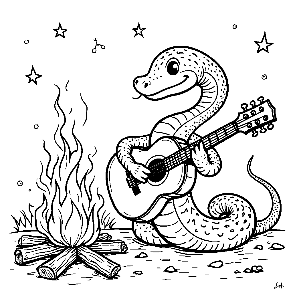 A snake playing guitar next to a bonfire under the stars