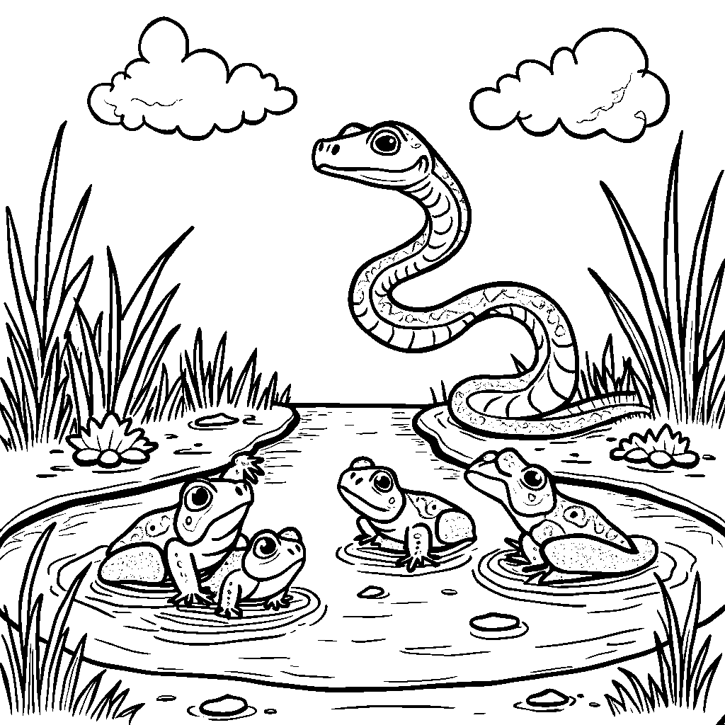 A snake playing leapfrog with frogs by a pond.