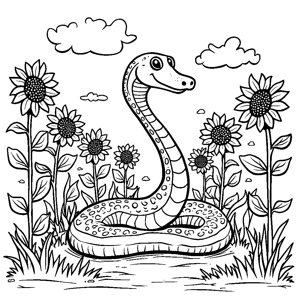 A snake prancing through a field of sunflowers