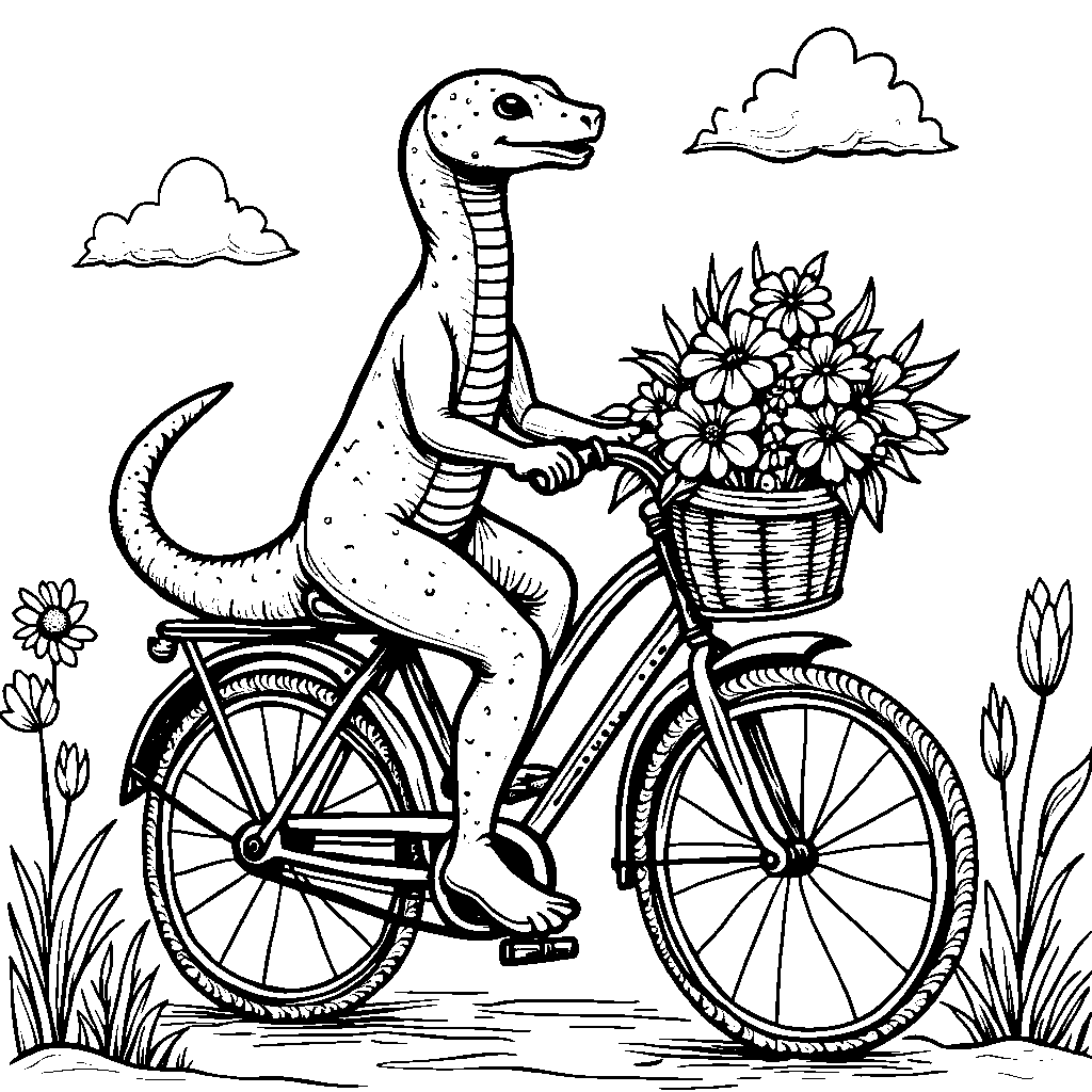 A snake riding a bicycle with a basket filled with flowers.