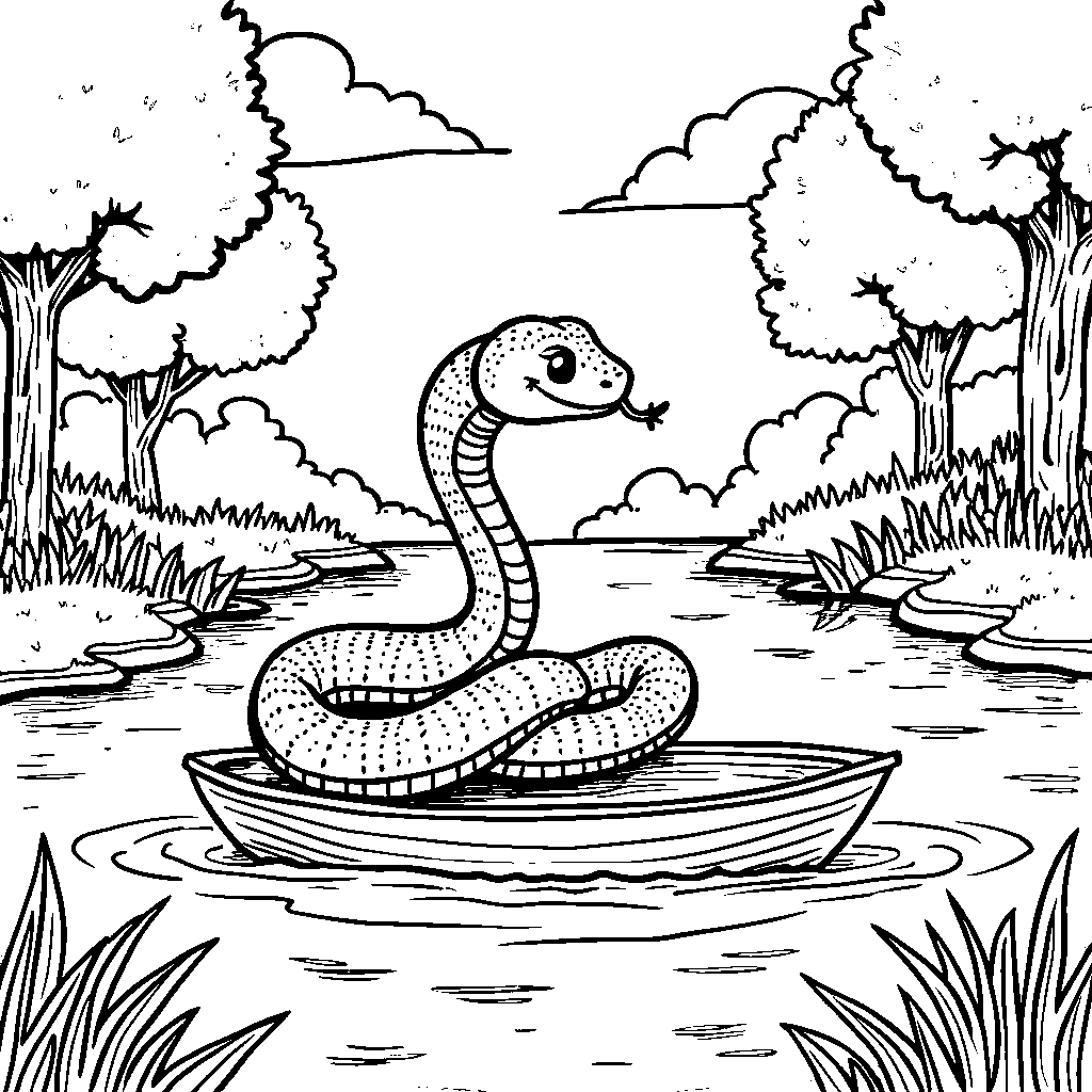 A snake sailing a tiny boat across a serene river