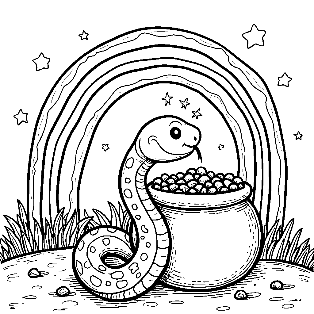 A snake sliding down a rainbow into a pot of gold