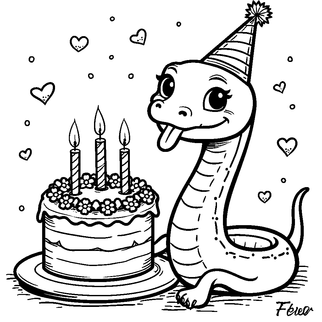 A snake wearing a birthday hat and sitting next to a cake.