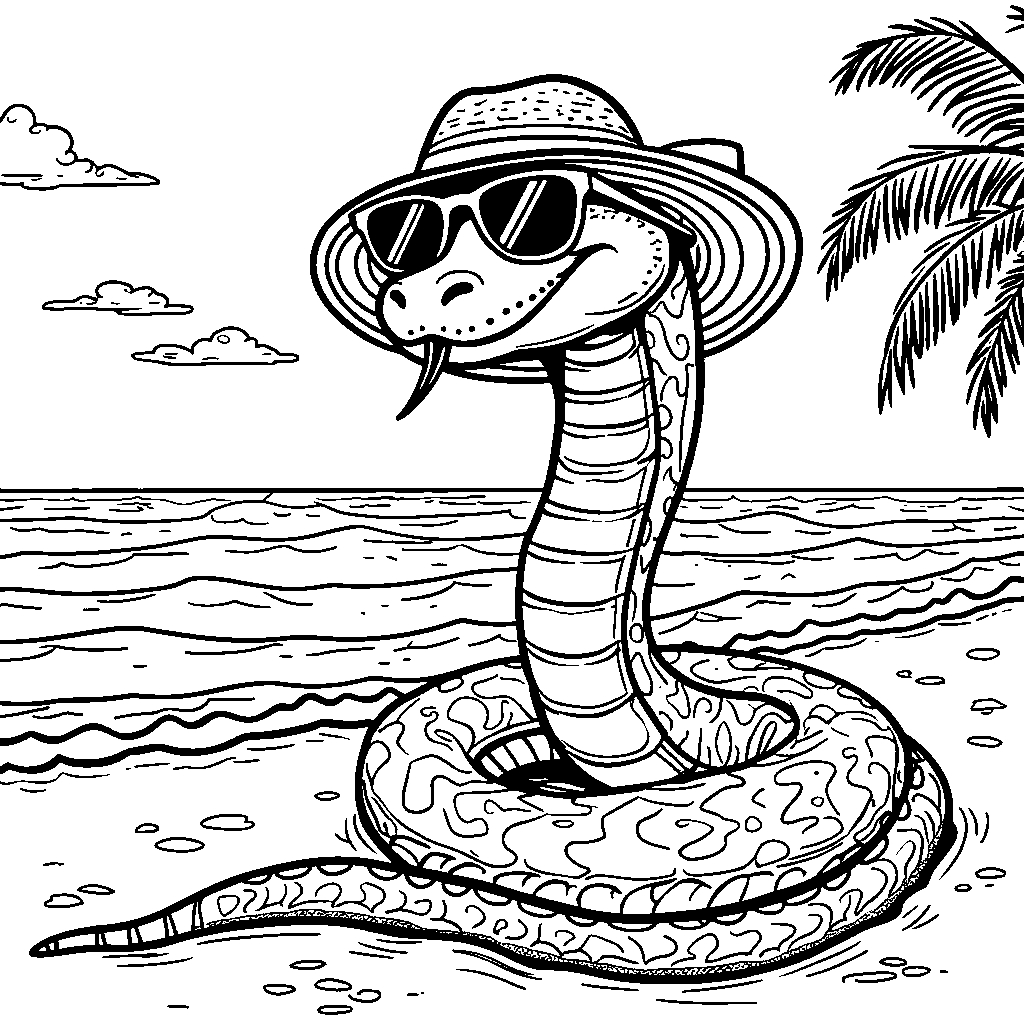 A snake wearing a fancy hat and sunglasses lounging on a beach.