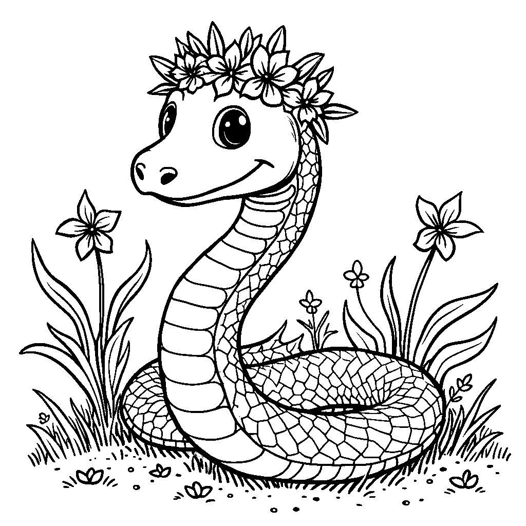 A snake wearing a flower crown frolicking in a meadow