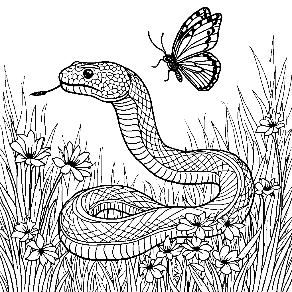 A snake with butterfly wings flying among flowers