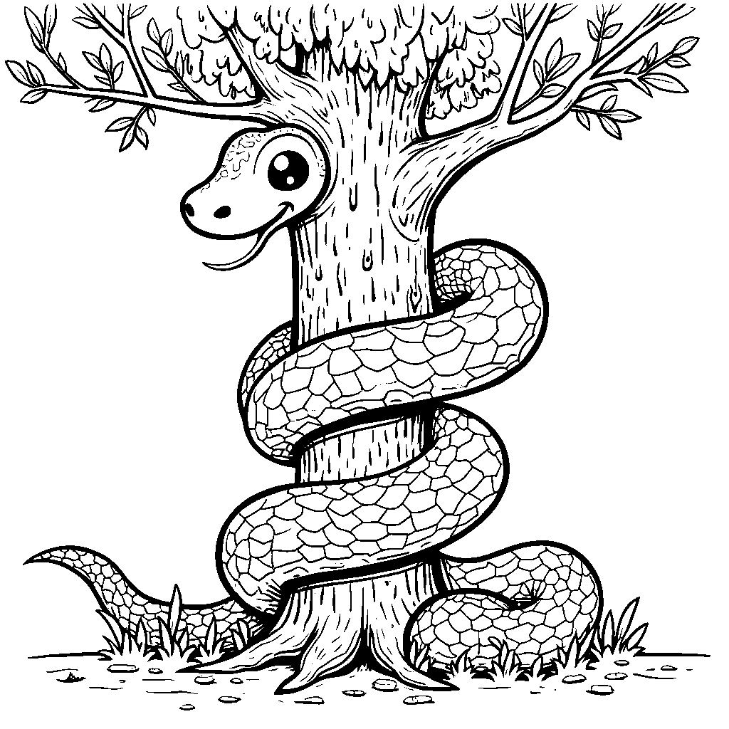 A snake wrapped around a tall tree with funny facial expressions