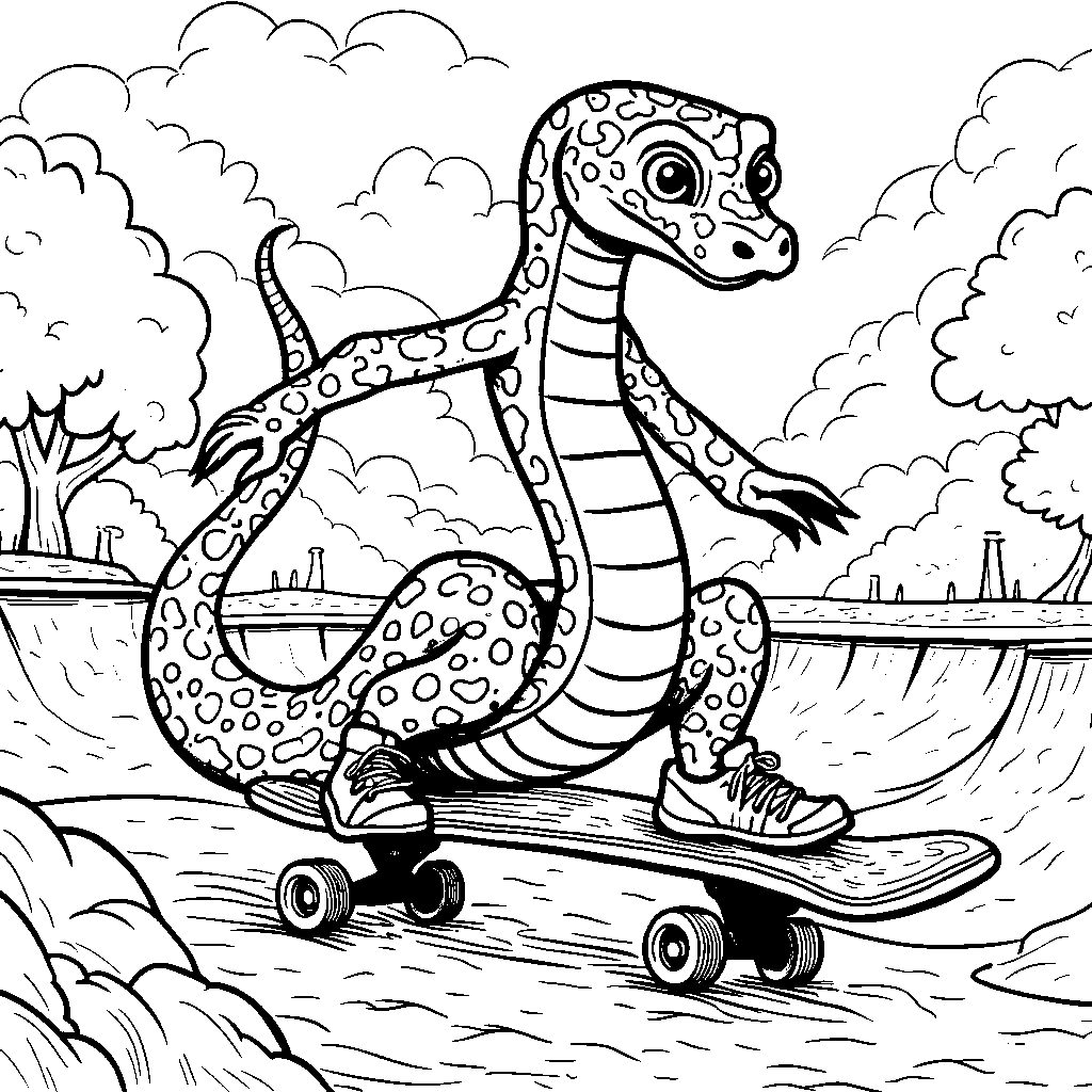 A snake on a skateboard doing tricks in a skate park.