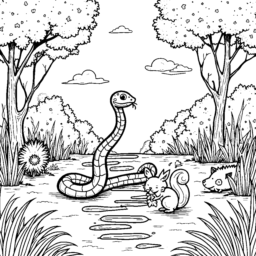 A snake playing hopscotch with other woodland creatures