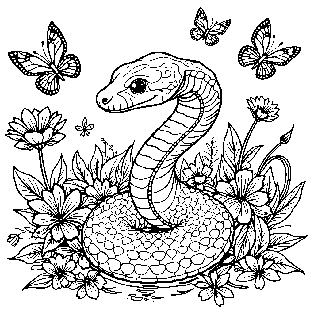 A snake surrounded by colorful flowers and butterflies.