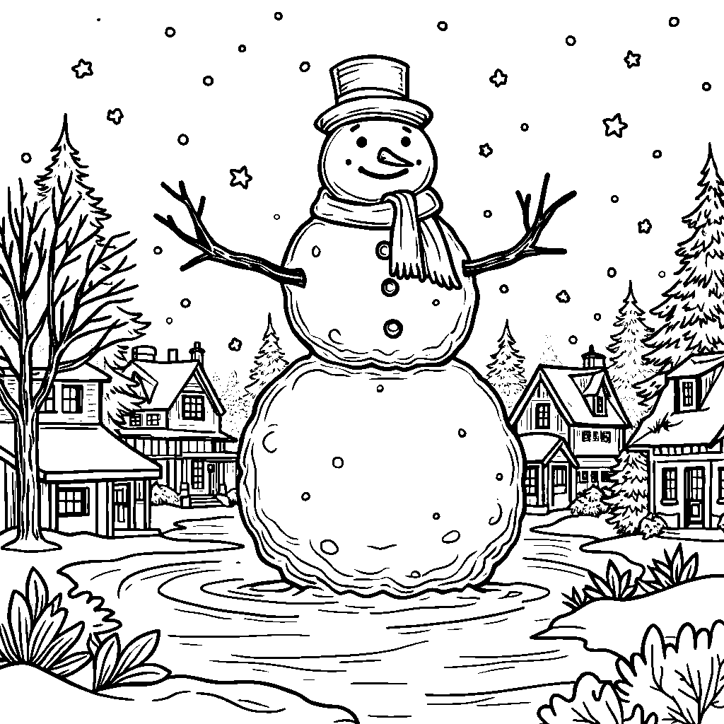 A giant snowman towering over a tiny village