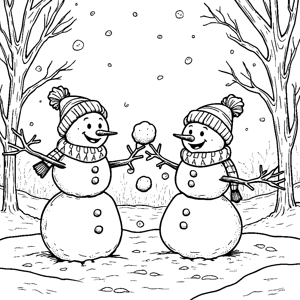 A snowman family having a snowball fight