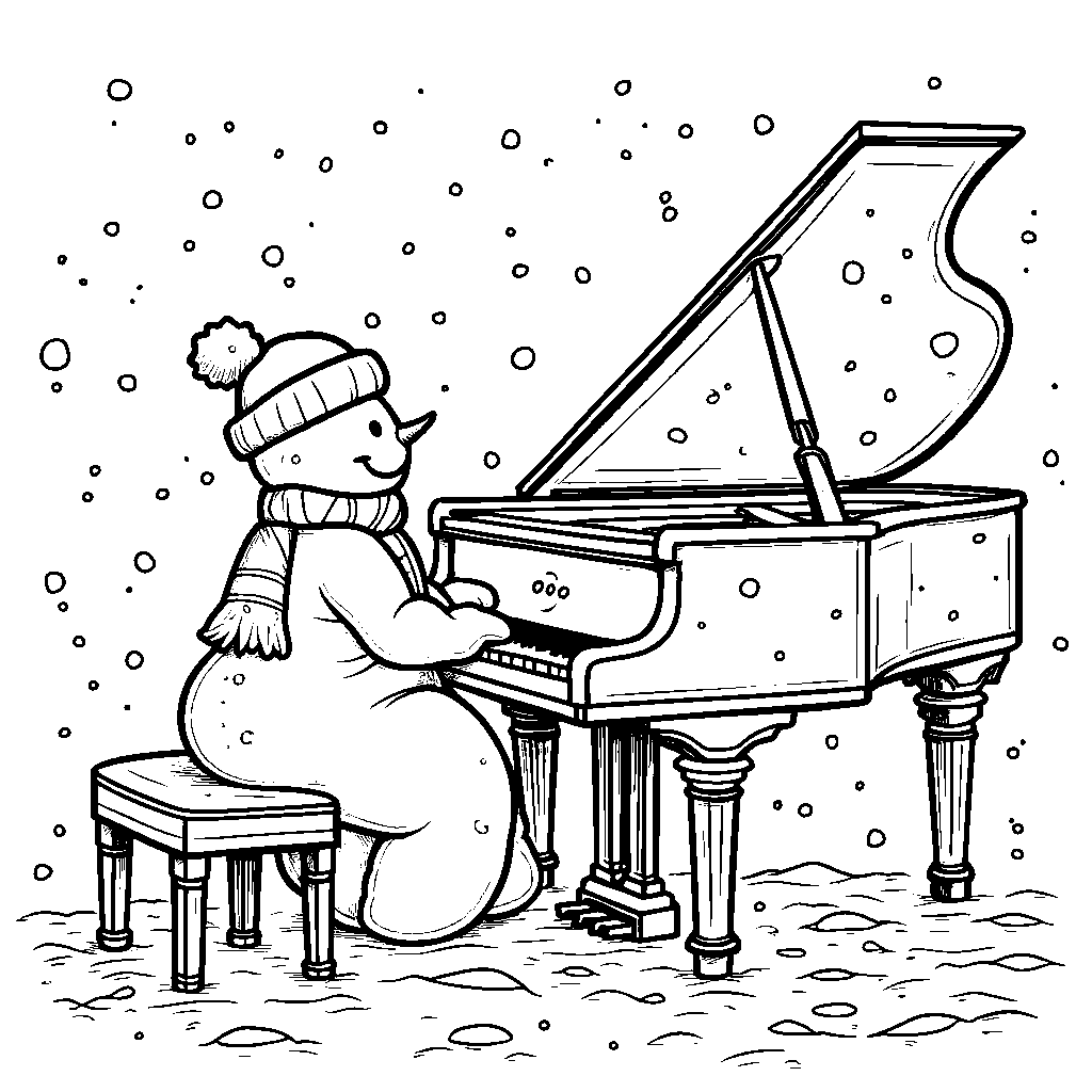 A snowman playing a snowy piano