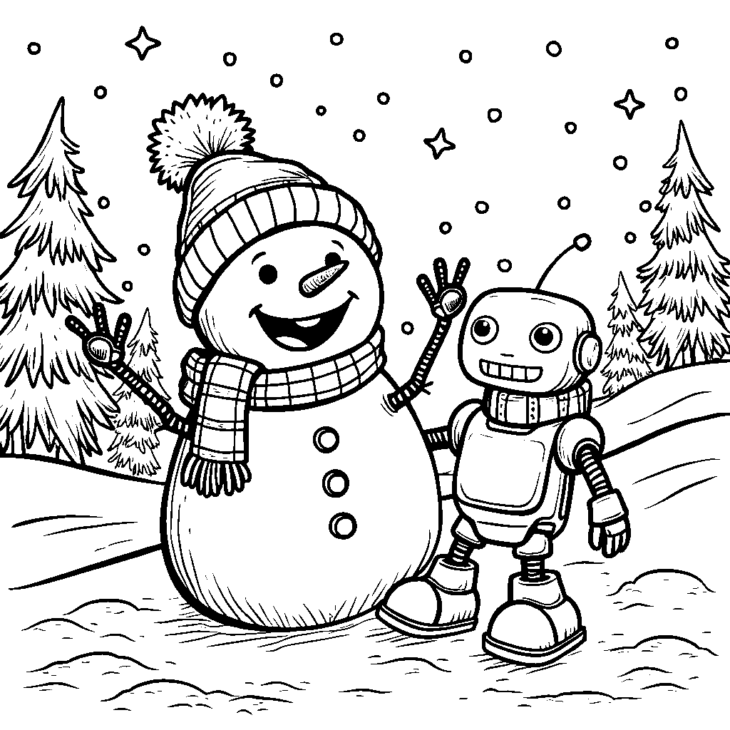 A snowman playing with a snowy robot