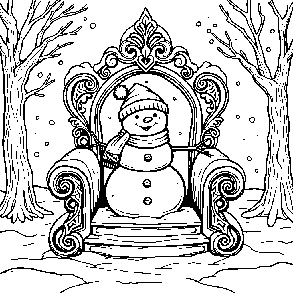 A snowman sitting on a snowy throne