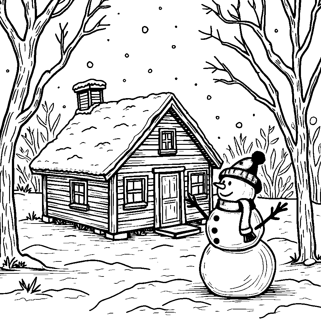 A snowman standing in front of a cozy winter cabin