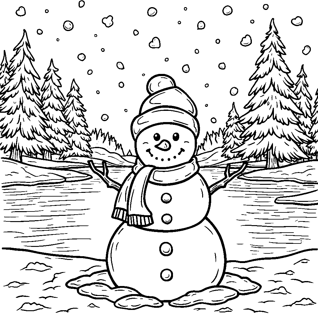 A snowman standing in front of a frozen lake