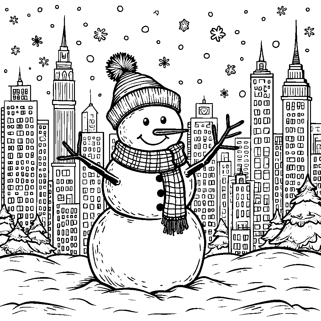 A snowman standing in front of a snowy cityscape