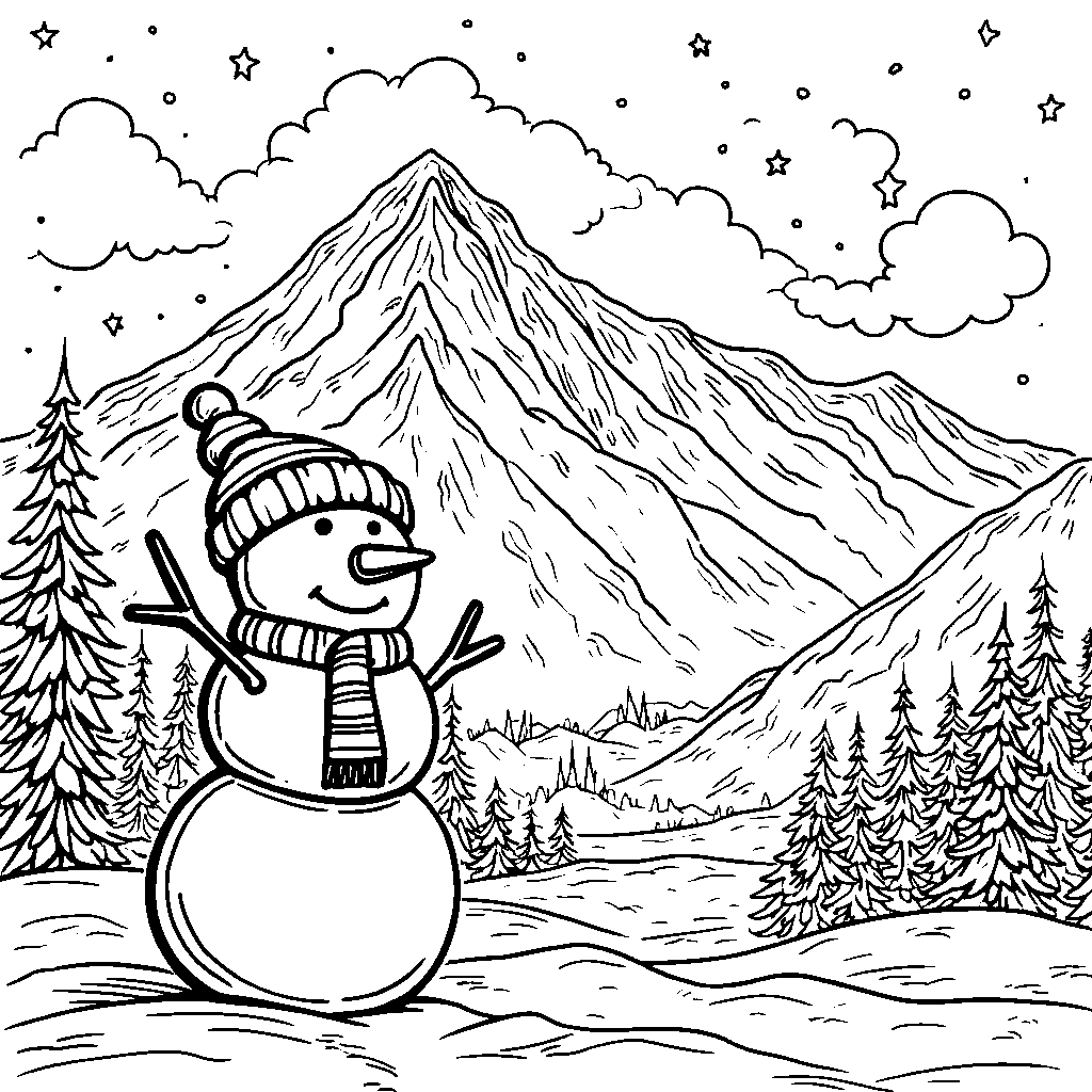 A snowman standing in front of a snowy mountain range