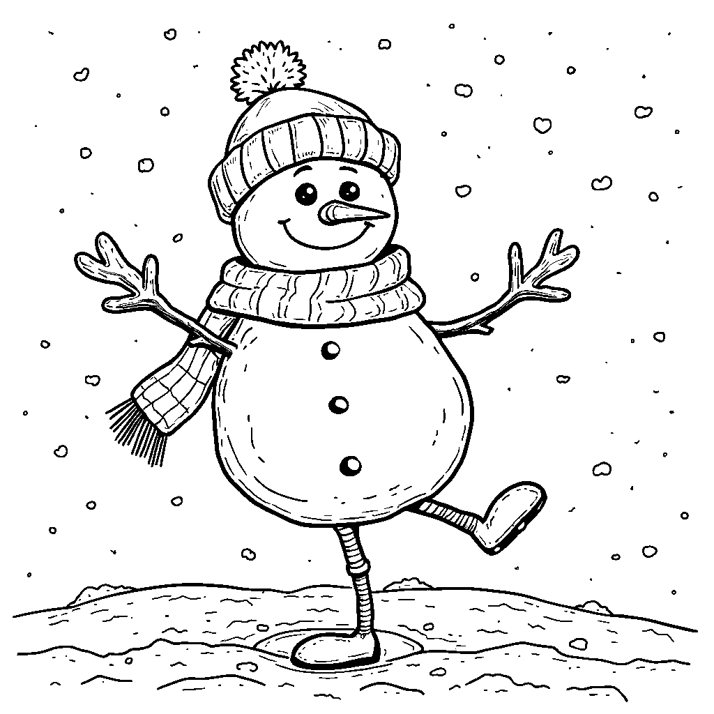 A snowman standing on one leg like a flamingo