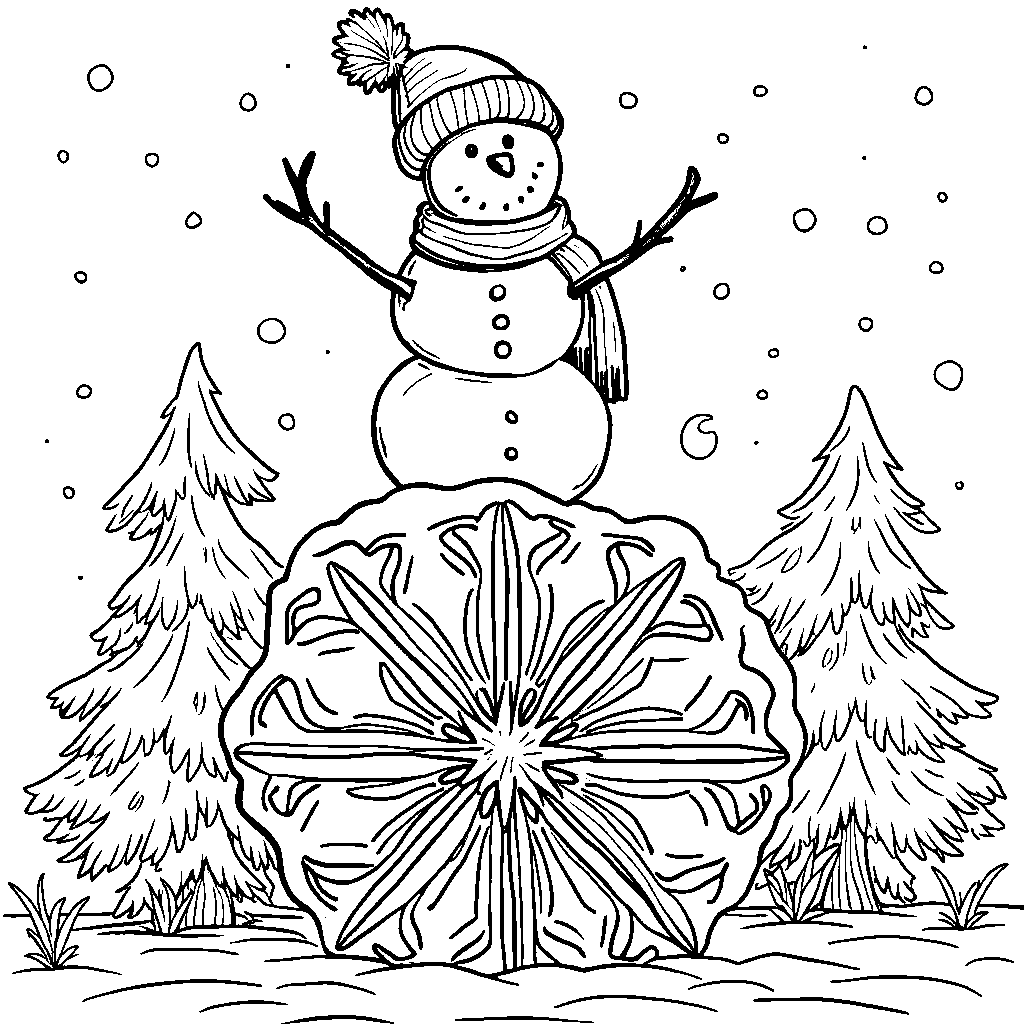 A snowman standing on top of a giant snowflake