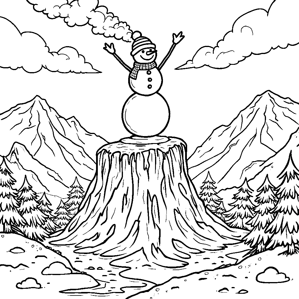 A snowman standing on top of a snowy volcano