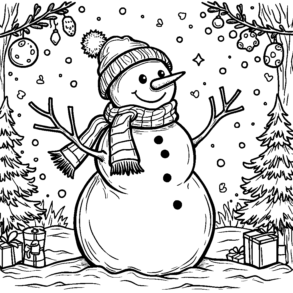 A snowman surrounded by festive holiday decorations