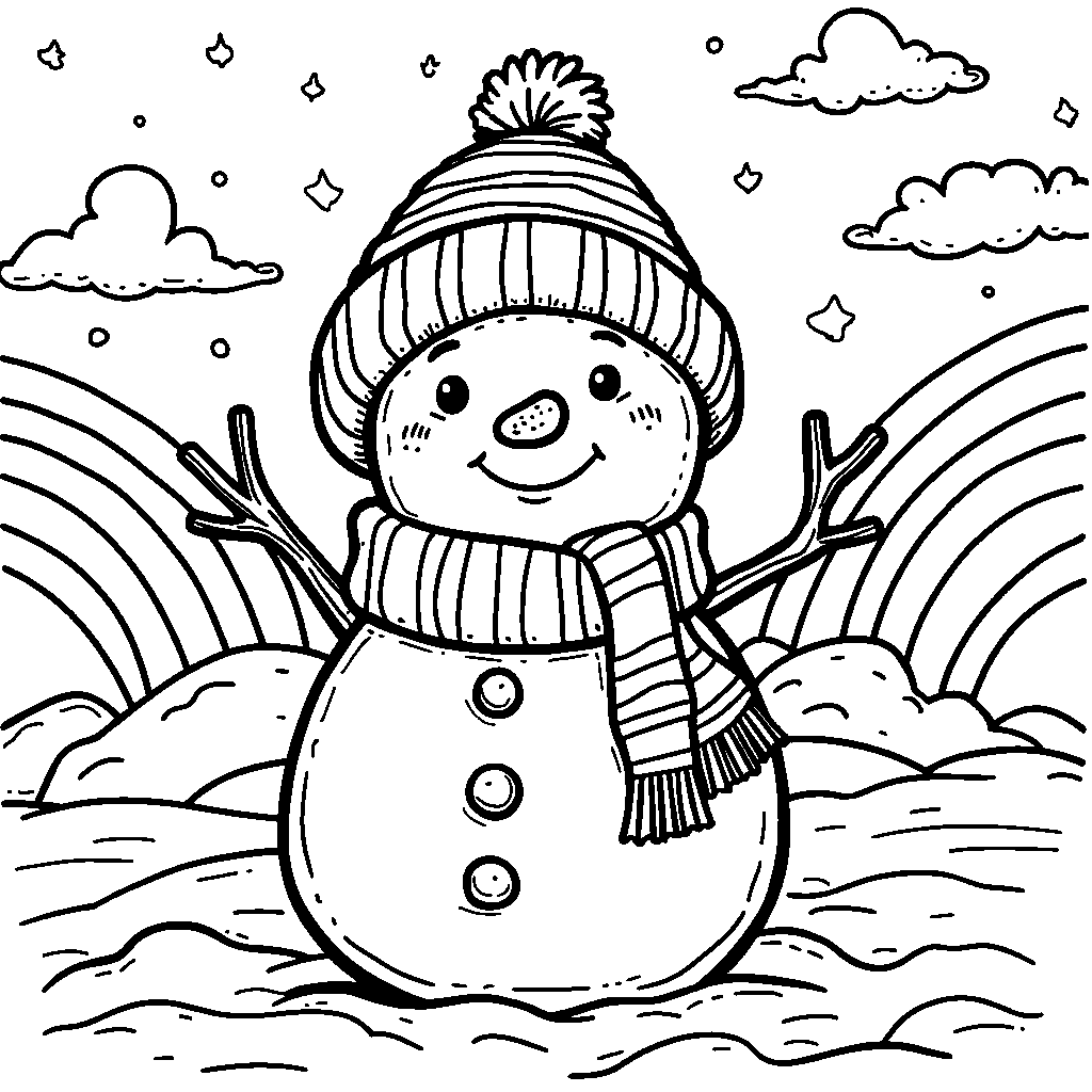 A snowman surrounded by snowy clouds and rainbows