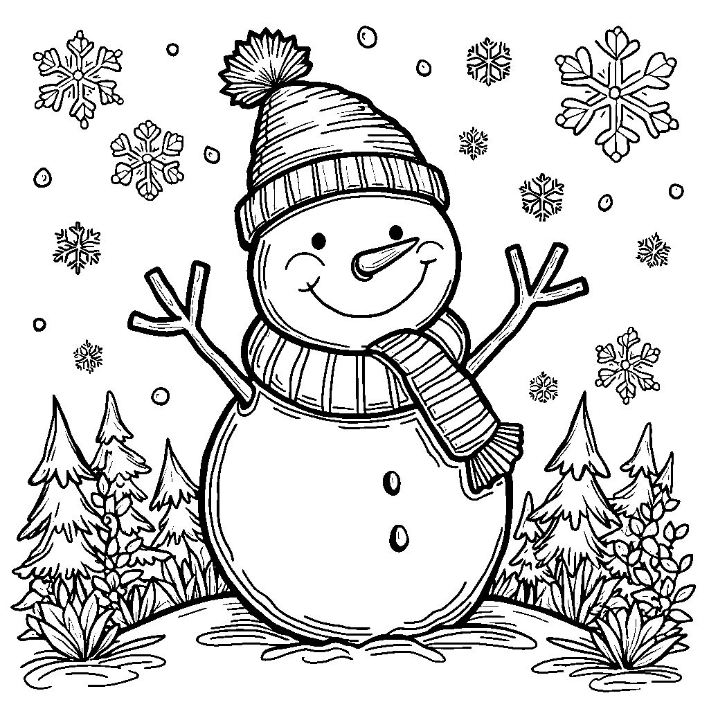 A snowman surrounded by sparkling snowflakes