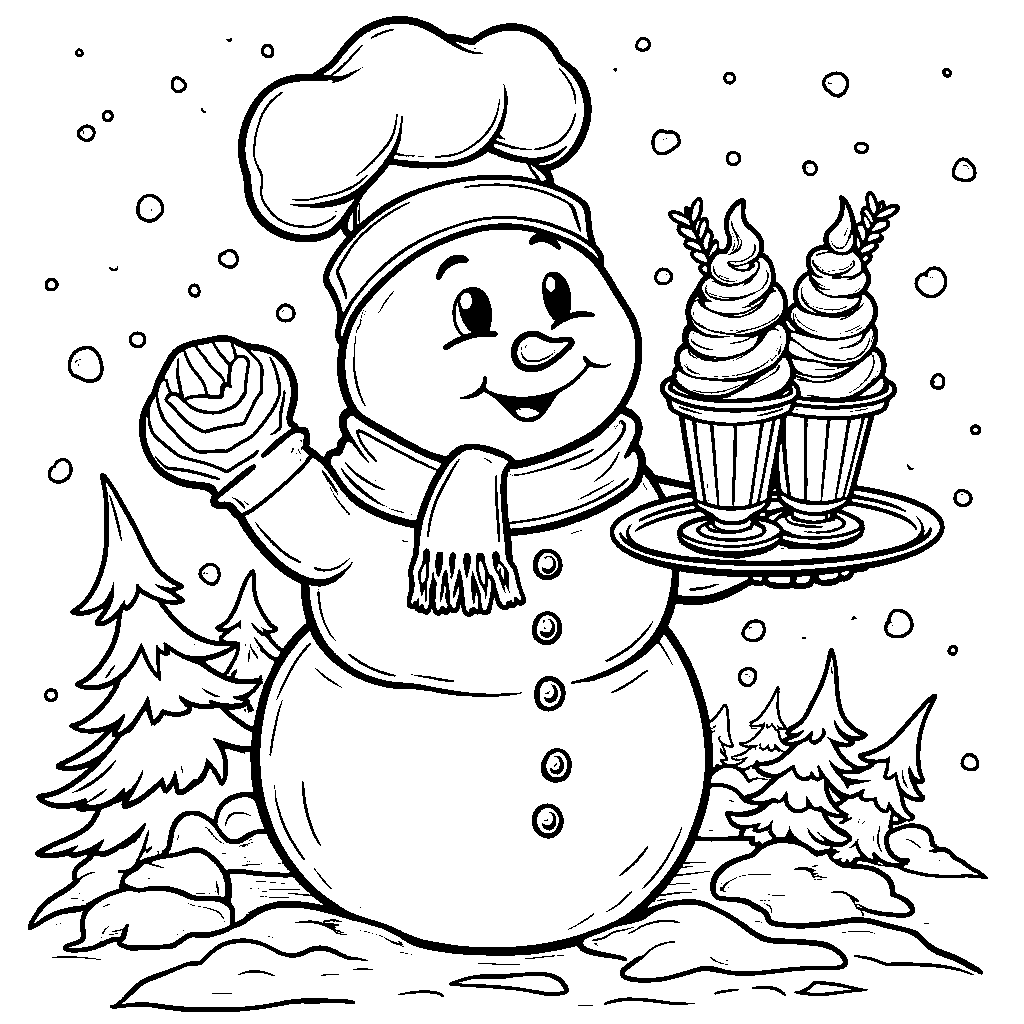 A snowman wearing a chef's hat and holding a snow-tray