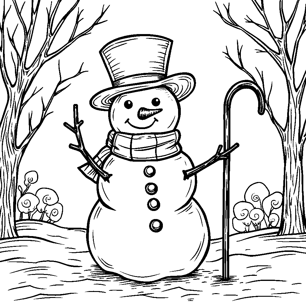 A snowman wearing a top hat and holding a cane