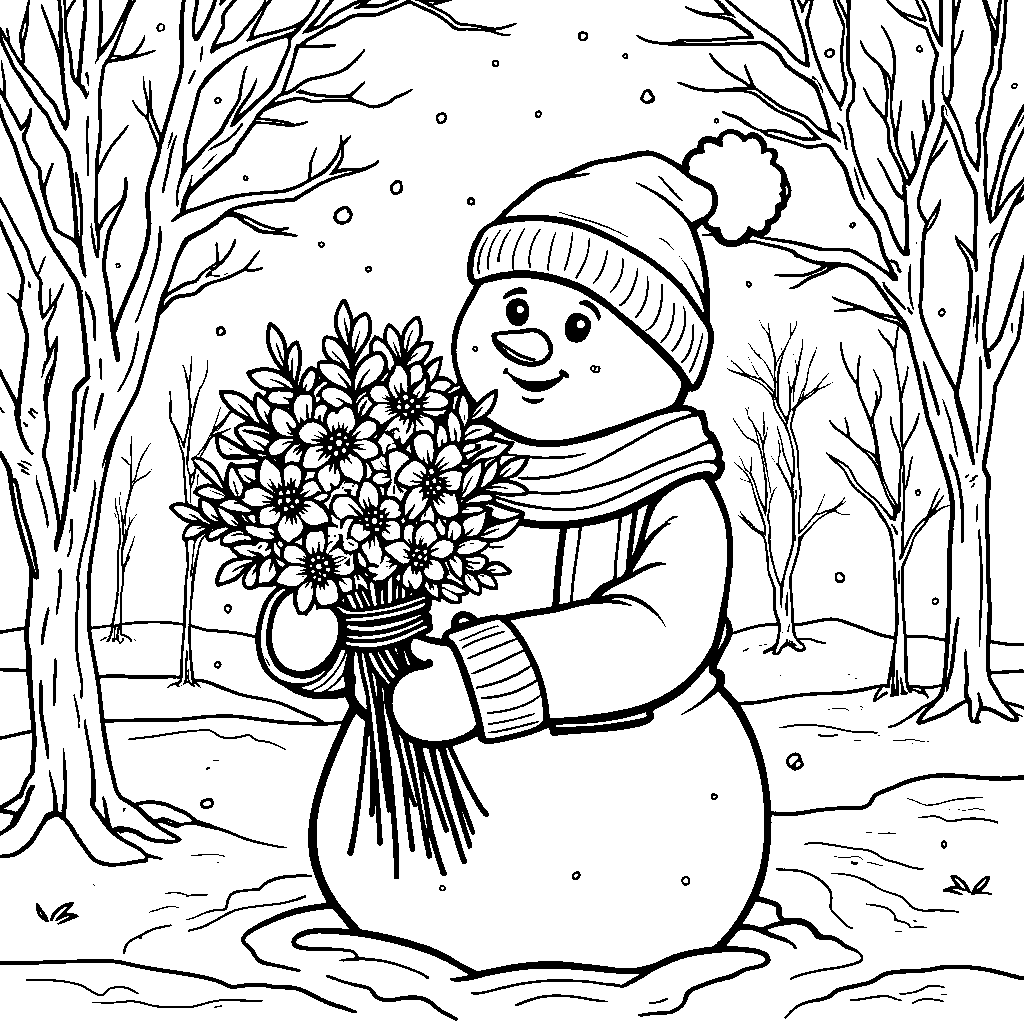 Snowman holding a bouquet of winter flowers