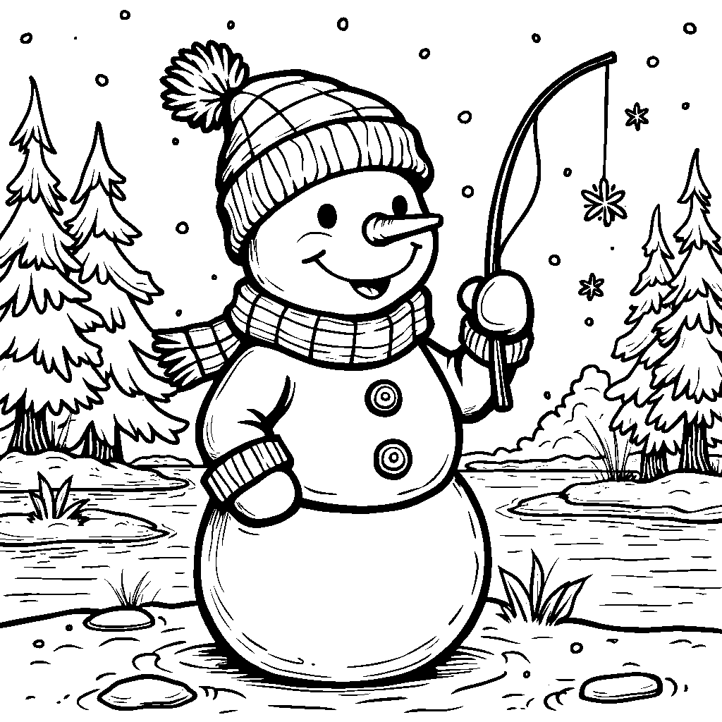 Snowman holding a fishing rod and catching snowflakes