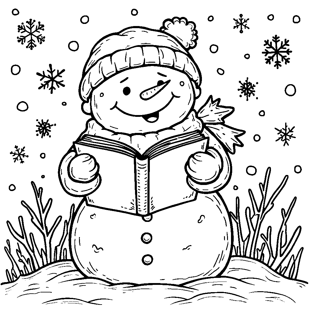 Snowman holding a giant snow-book