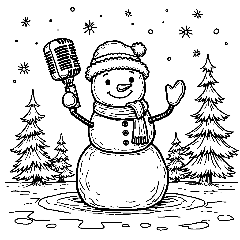 Snowman holding a giant snow-microphone