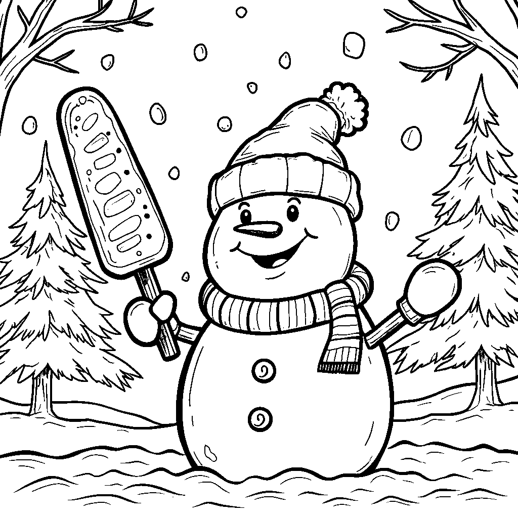 Snowman holding a giant snow-popsicle