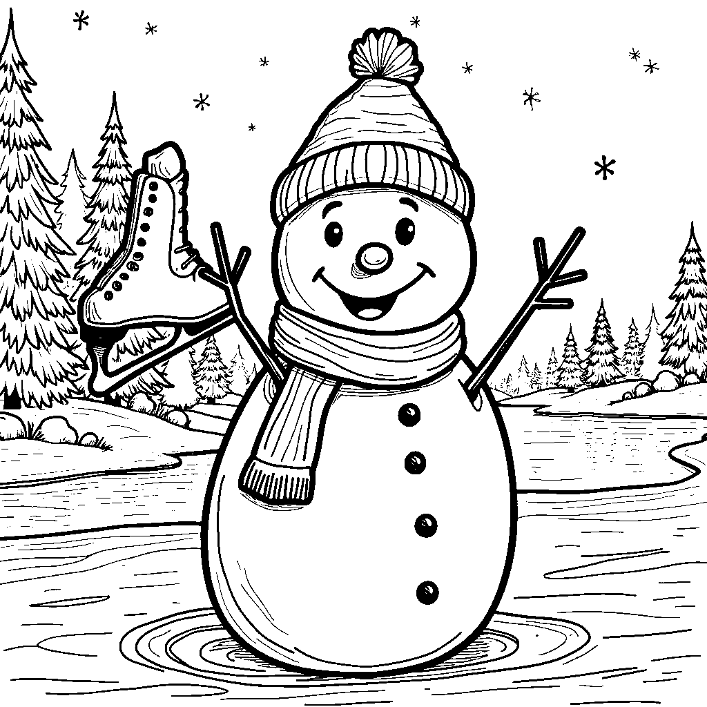 Snowman holding a pair of ice skates