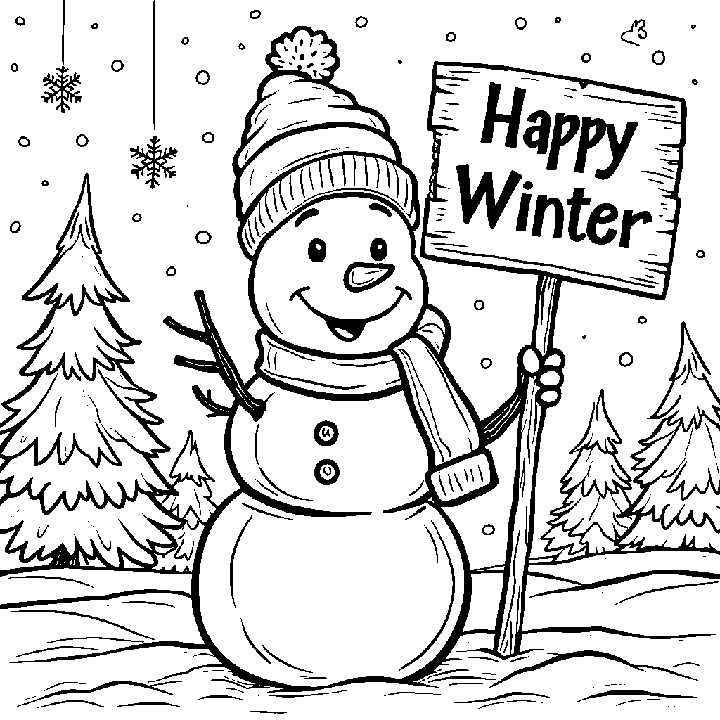 Snowman holding a sign that says 'Happy Winter'