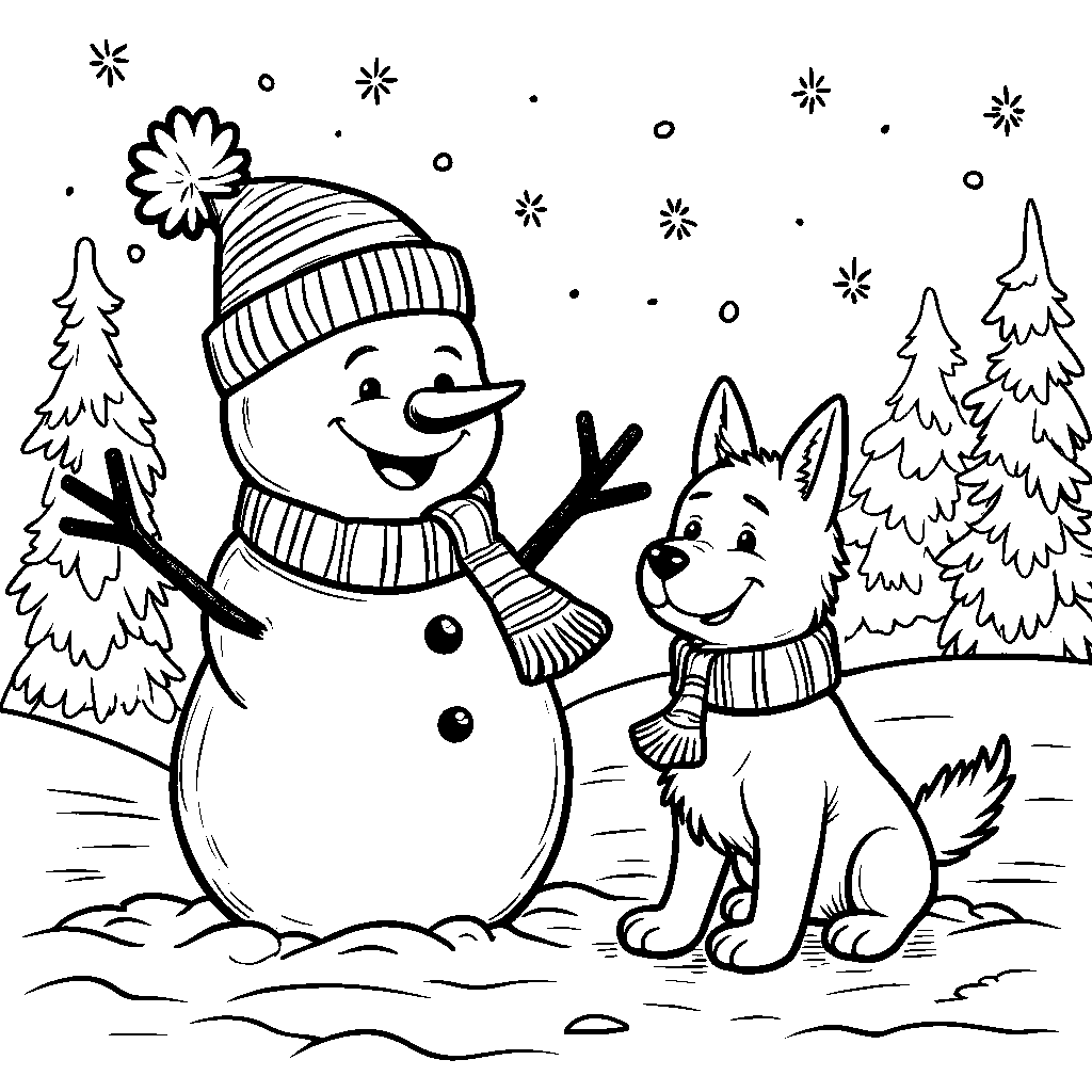 Snowman playing with a snow-dog