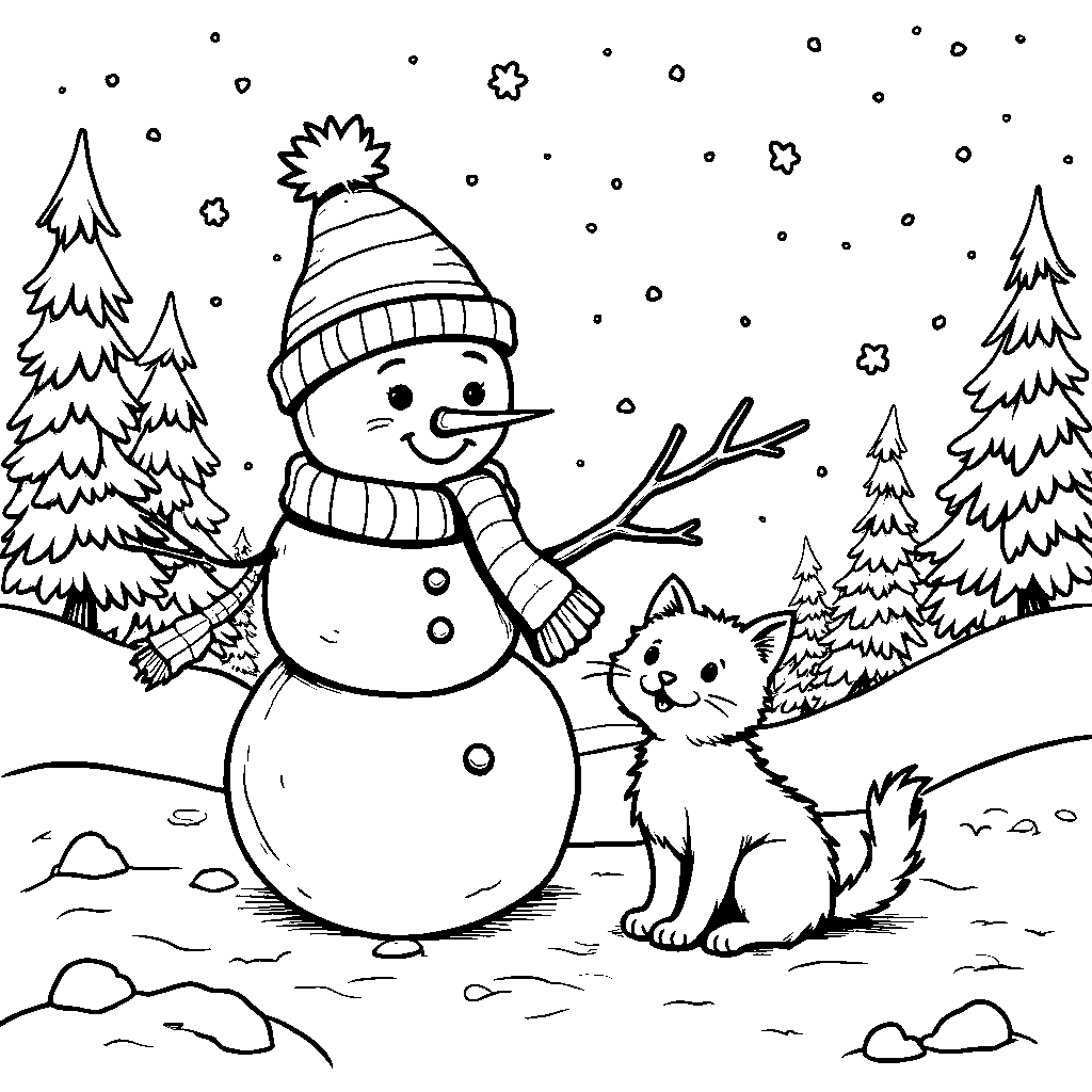 Snowman playing with a snow-kitty