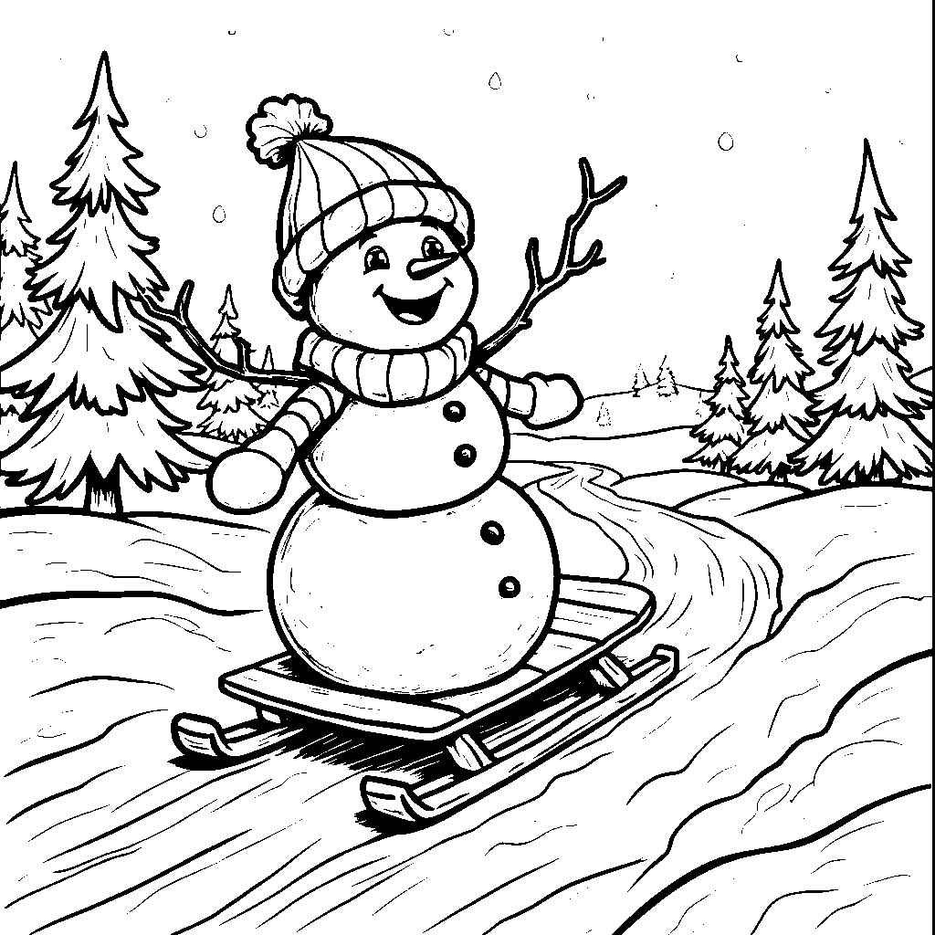 Snowman riding a sled down a snowy hill