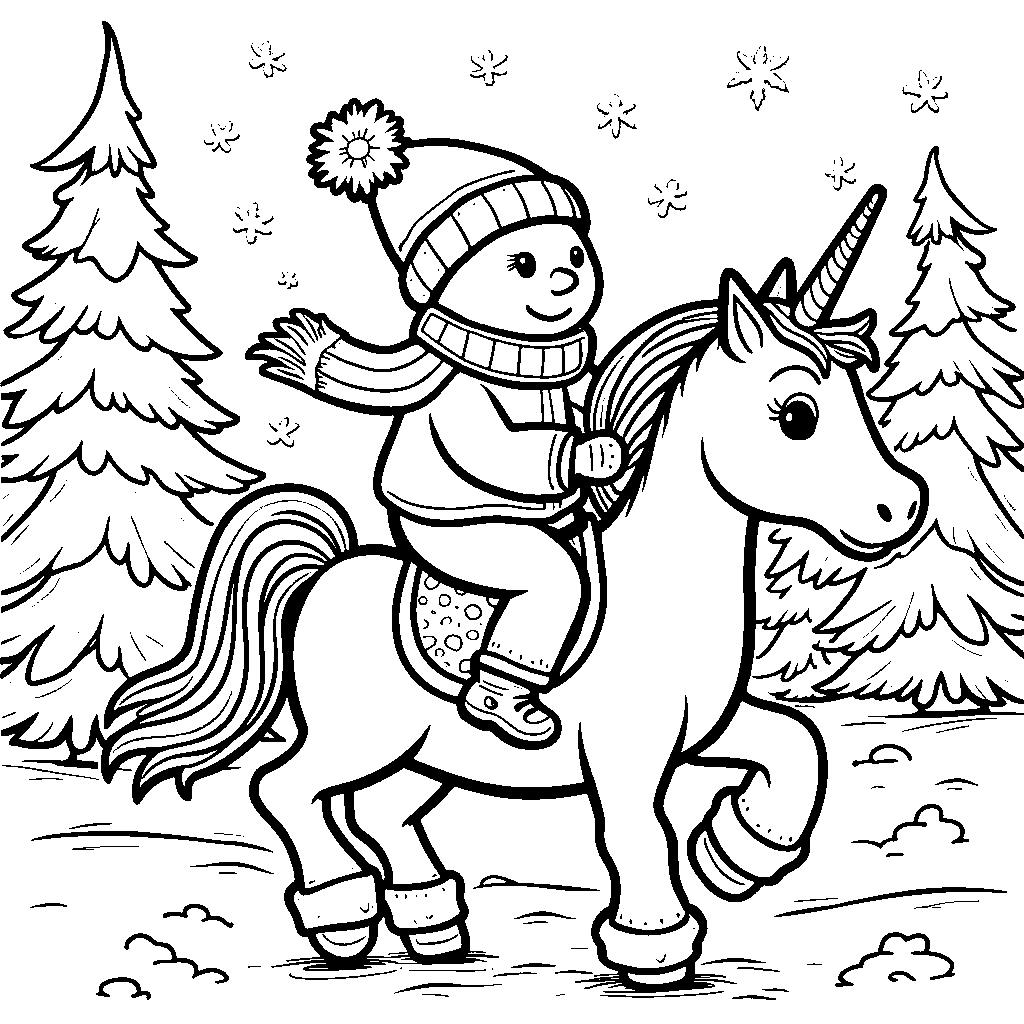 Snowman riding a snowy unicorn