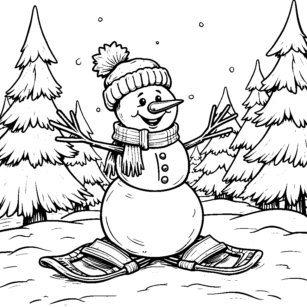 Snowman wearing a pair of snowshoes