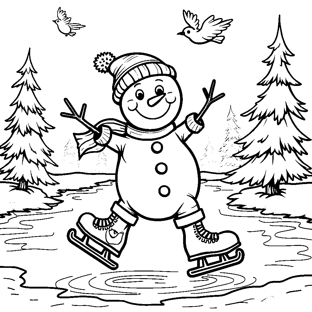 Snowman wearing roller skates and gliding on ice