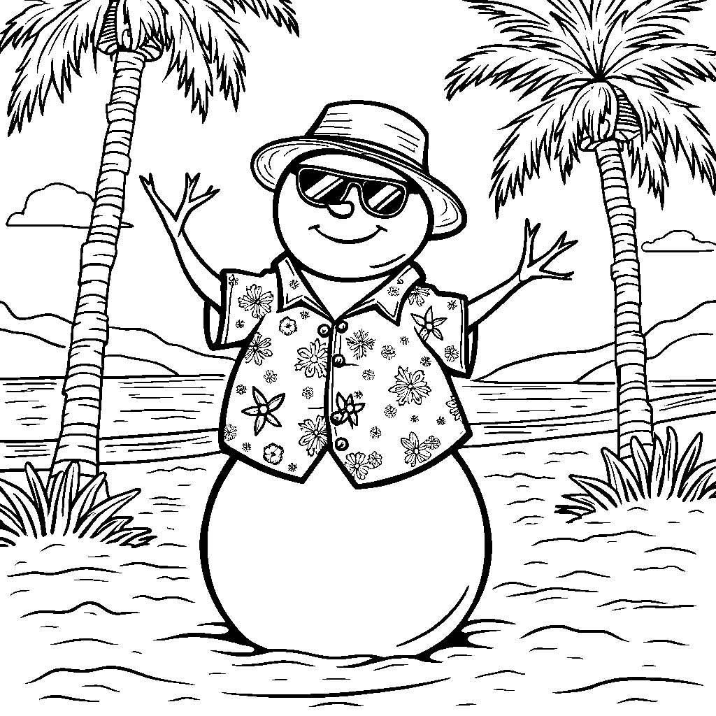 Snowman wearing sunglasses and a Hawaiian shirt