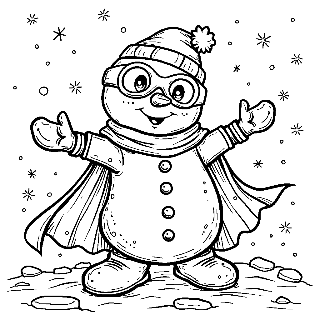 Snowman wearing a superhero cape and mask