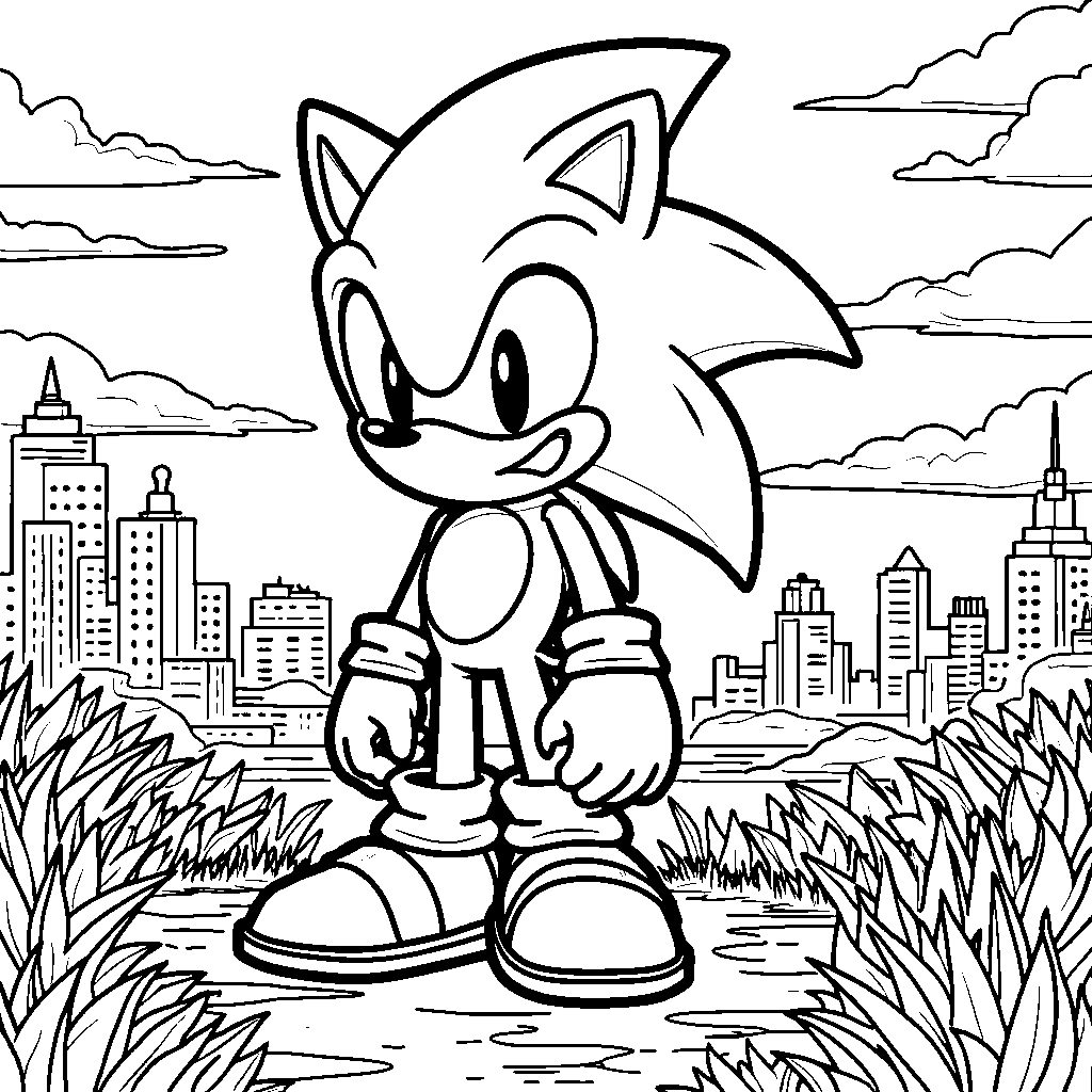 A cityscape at sunset with Sonic's silhouette in the foreground