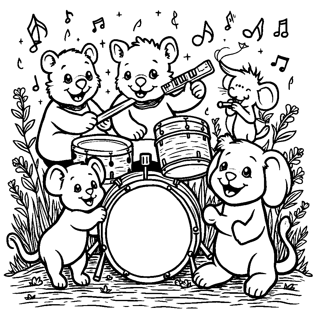 A group of animals playing musical instruments together